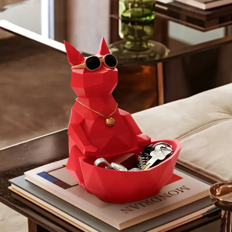 Red geometric cool cat resin organizer with sunglasses and gold necklace for keys and living room decorbites cool cat decor