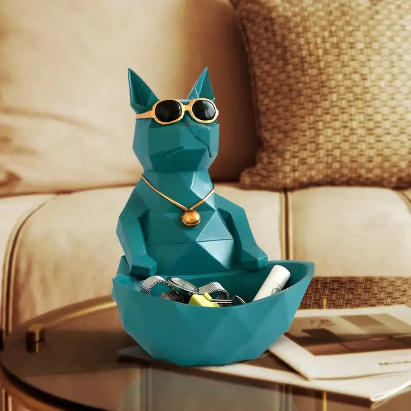 Teal geometric cool cat resin key holder bowl decorbites cool cat with gold-rimmed sunglasses and matching necklace