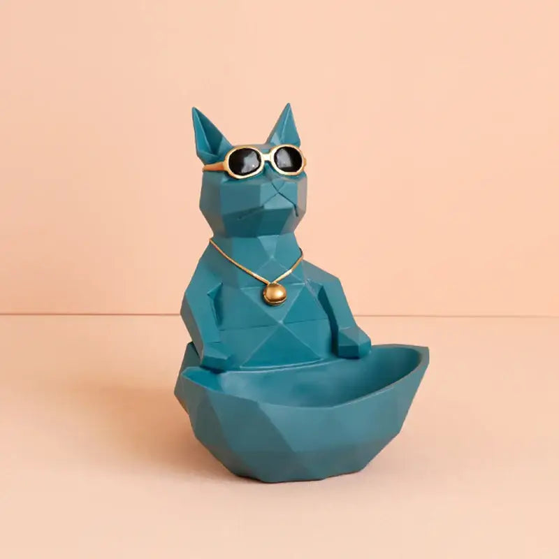 Teal geometric cool cat resin figurine with gold sunglasses and necklace designed as a decorative living room tray decorbites cool cat