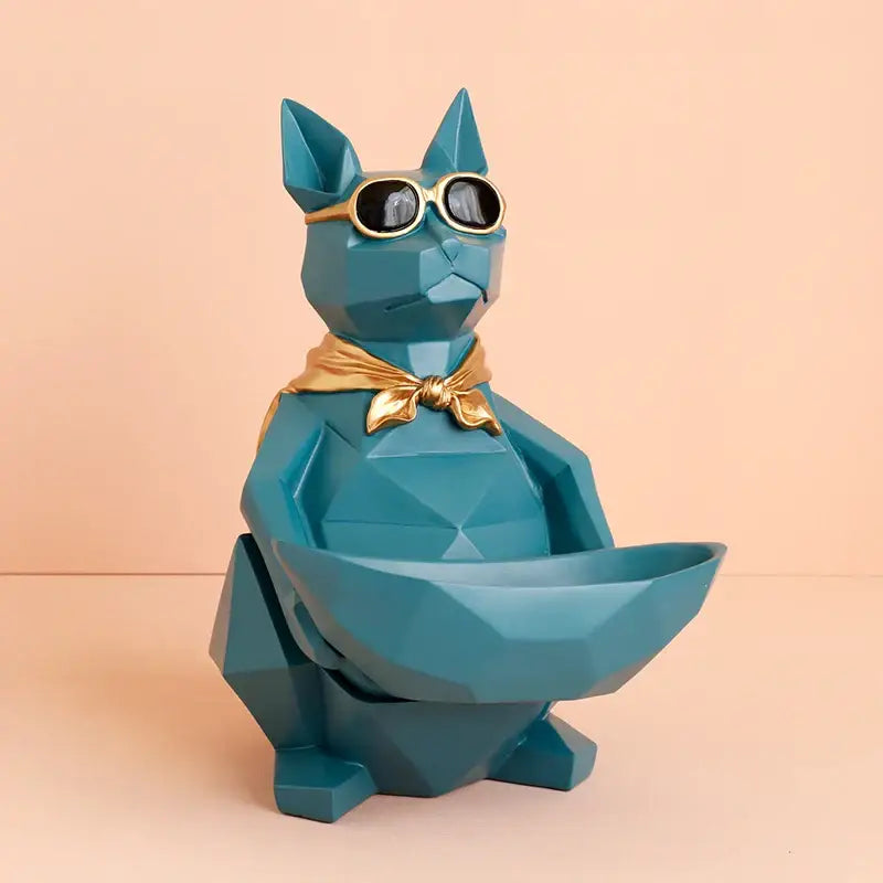 Teal geometric cool cat resin figurine with gold-rimmed sunglasses and bow tie on bowl base for decorbites cool cat decor