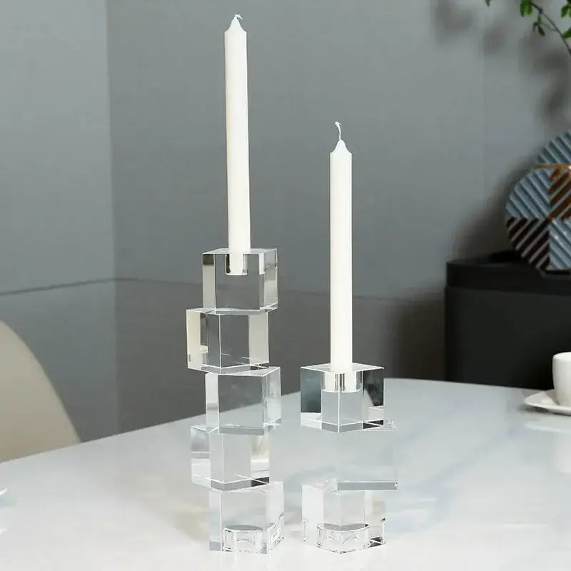Clear acrylic cube candle holder with white taper candles for living room decorbites geometric crystal glass decor