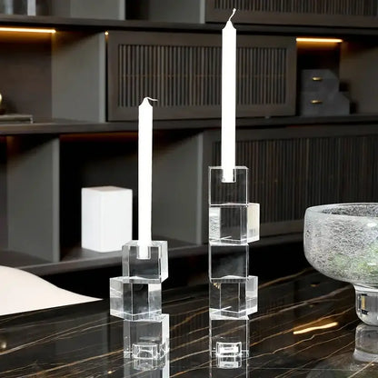 Clear crystal cube candle holder with stacked geometric design for living room decorbites geometric crystal glass decor
