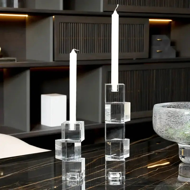 Clear crystal cube candle holder with stacked geometric design for living room decorbites geometric crystal glass decor