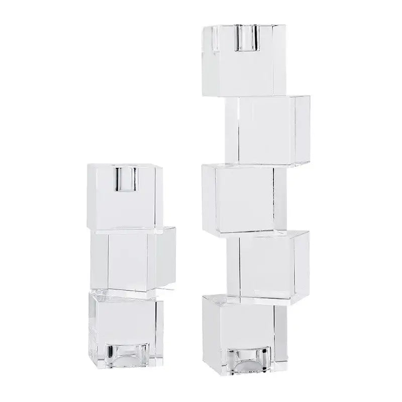 Geometric crystal glass candle holder with clear cube design and silver-toned metal accents for elegant living room decorbites decor