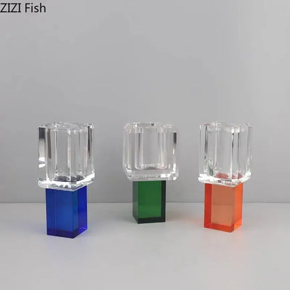 Three translucent geometric crystal glass vase candle holders with colorful acrylic bases for artificial flowers decorbites decor
