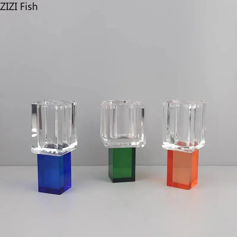 Three translucent geometric crystal glass vase candle holders with colorful acrylic bases for artificial flowers decorbites decor