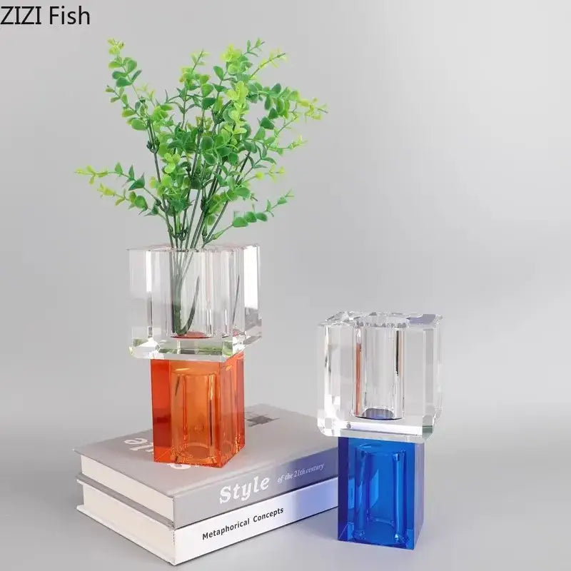 Clear acrylic crystal glass vase with geometric faceted design and orange base for artificial flowers decorbites decor