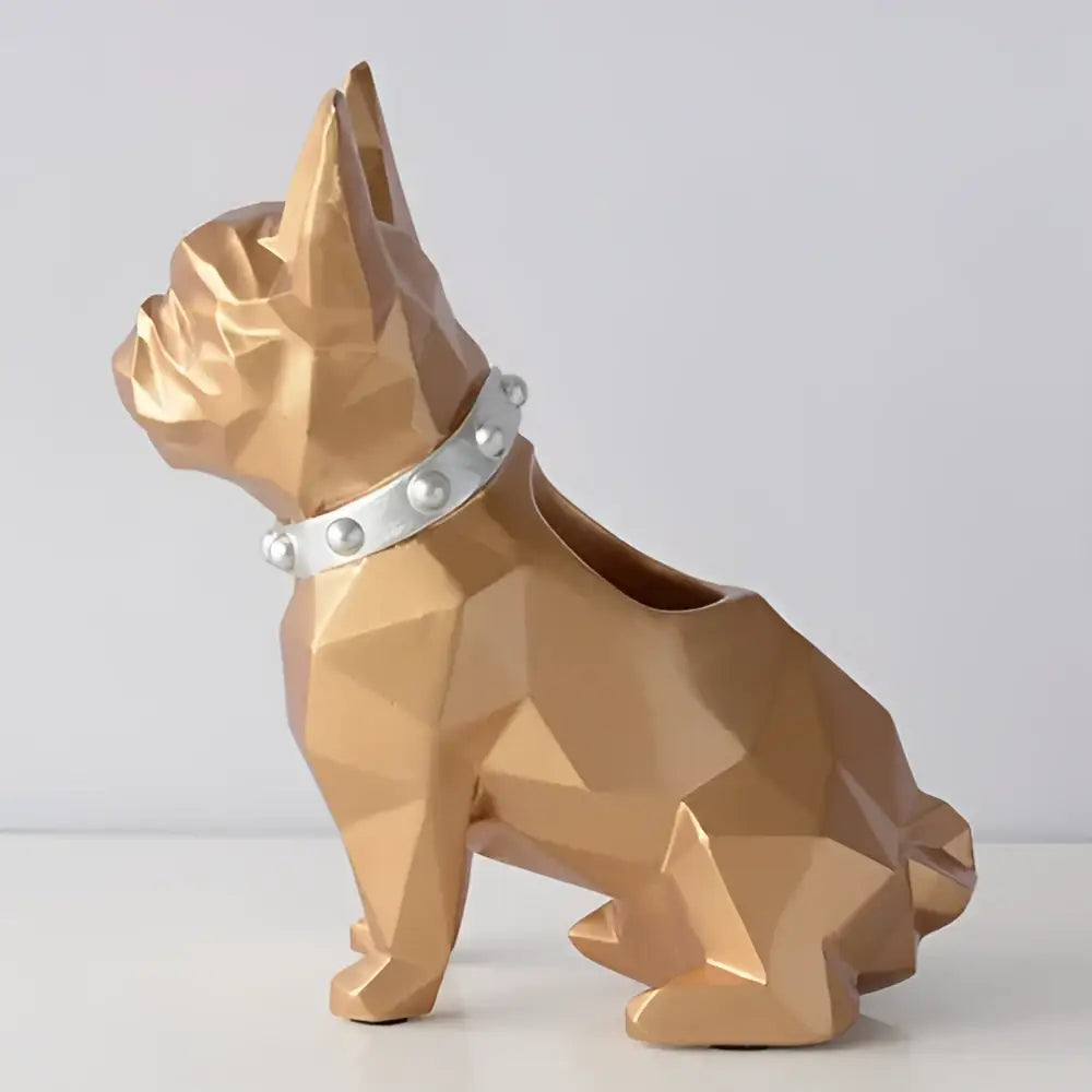 Gold-colored geometric french bulldog figurine with silver studded collar in dark blue dog resin pen desk organizer decorbites dog resin