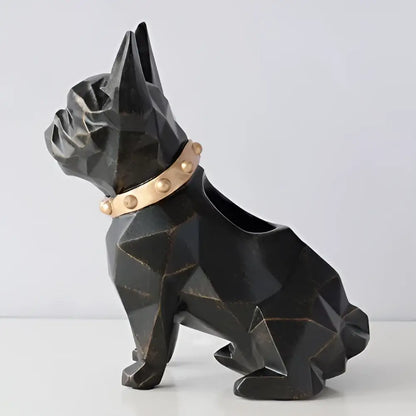 Black geometric french bulldog figurine with gold studded collar made of resin dog resin pen desk organizer decorbites dog resin
