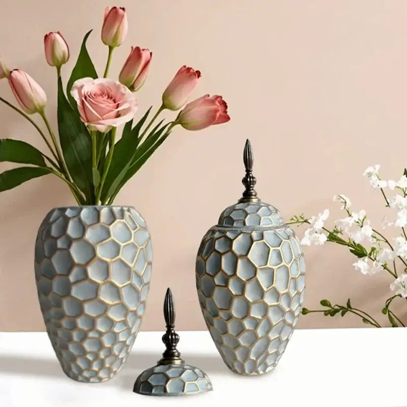 Gray ceramic vase with geometric diamond check honeycomb texture gold accents and ornate black metal lid for living room decor