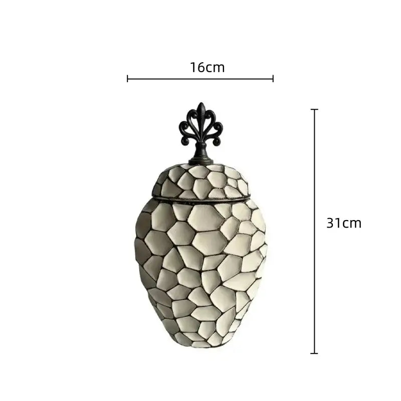 A 31cm tall ceramic vase with a geometric diamond check gray mosaic pattern and a black metal finial for living room decor