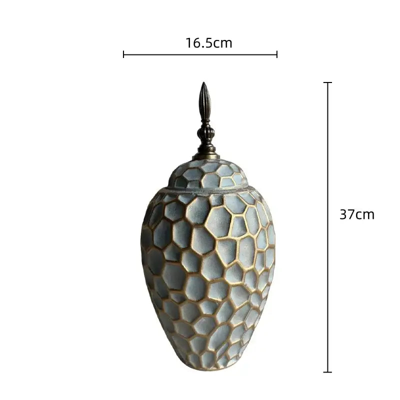 A 37cm ceramic vase with a geometric diamond check honeycomb pattern in gray and gold for living room decor