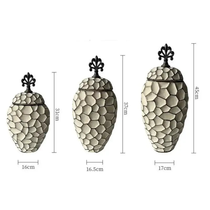 Three beige and gray geometric diamond check ceramic vases with textured mosaic surface and black metal finials for living room decor