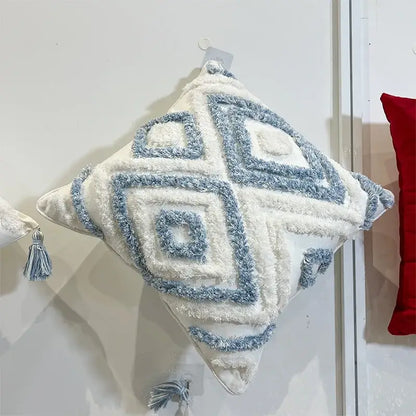 A plush geometric diamond tufted embroidery pillow in blue and white for living room decorbites geometric diamond style