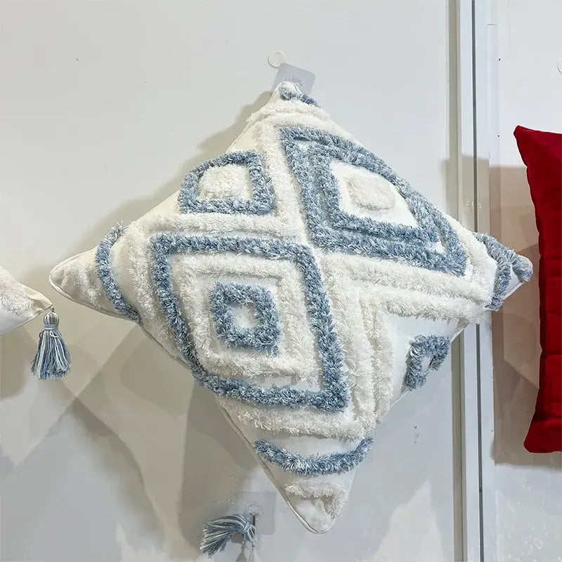A plush geometric diamond tufted embroidery pillow in blue and white for living room decorbites geometric diamond style