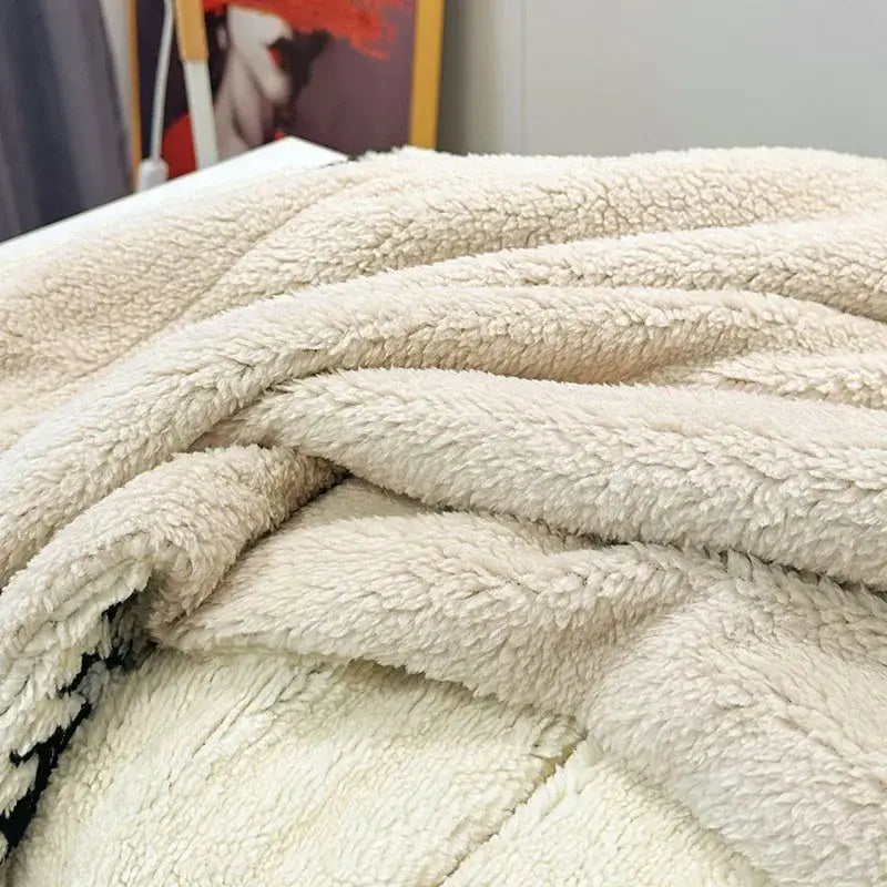Cream-colored geometric double layer lamb fleece blanket with plush textured surface for bedroom throw use