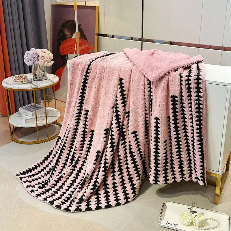 Pink and black plush geometric double layer lamb fleece blanket with textured pattern for bedroom throw use