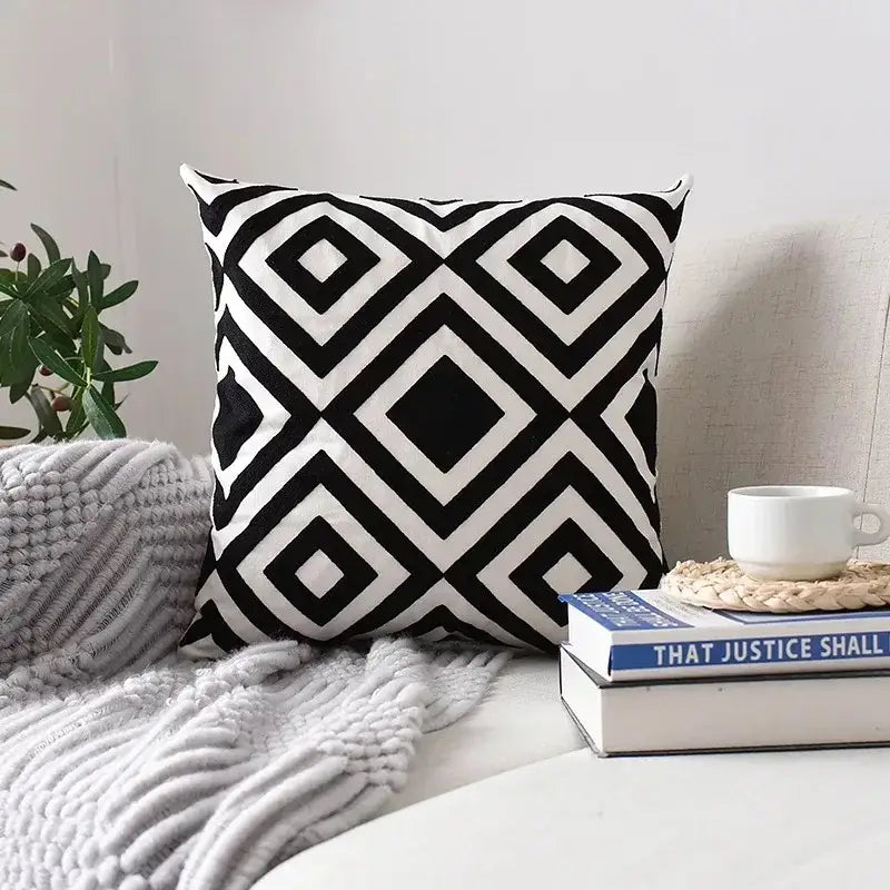Black and white decorbites geometric embroidered cushion cover with bold diamond pattern for living room pillows