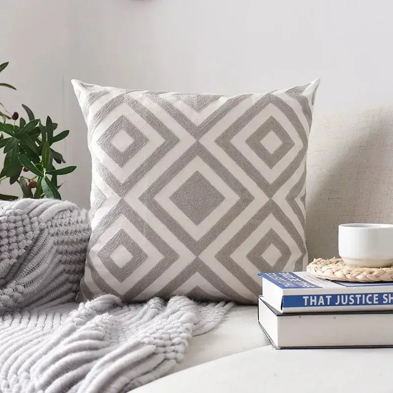 Square cushion cover with gray and white geometric embroidered diamond pattern textured for living room decorbites cushion cover