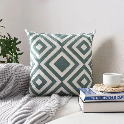 Square cushion cover with teal and white geometric embroidered interlocking diamonds for living room decorbites decor