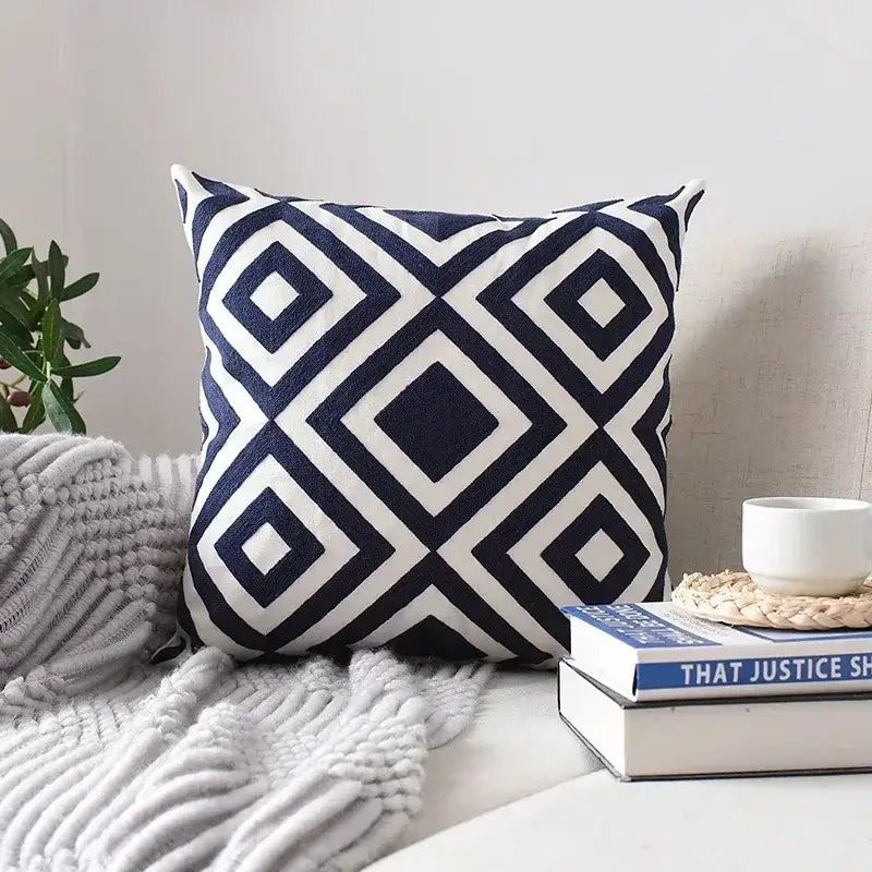 Square cushion cover with bold navy blue and white geometric embroidered diamond pattern for living room decorbites decor