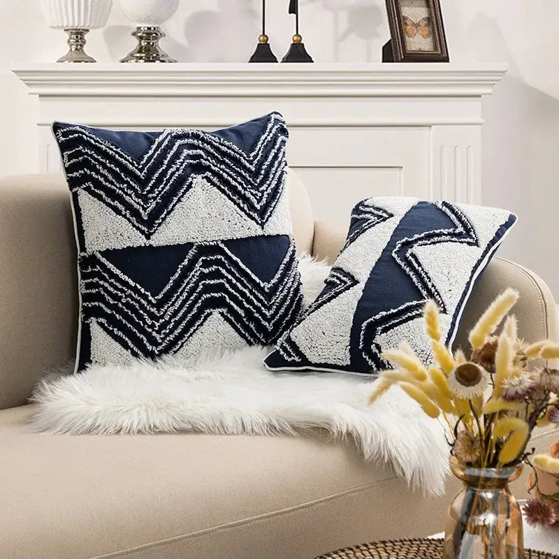 Navy blue and white geometric embroidered cushion cover with textured frayed zigzag tufted tassels decorbites bedroom decor