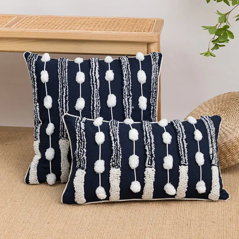 Navy blue geometric embroidered cushion cover with white pom-pom tufted tassels for bedroom decorbites decor