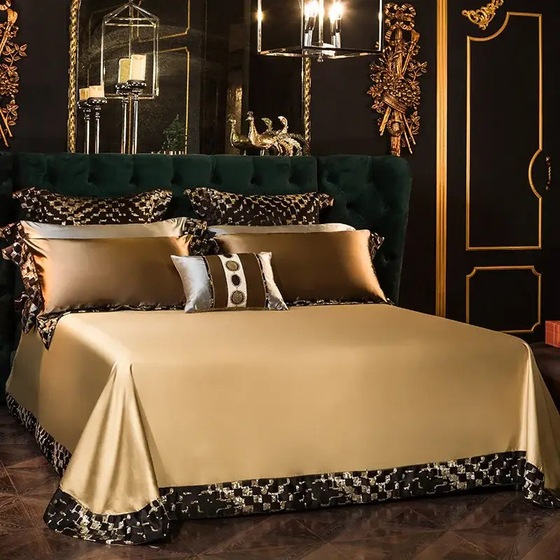 Luxurious gold satin bedding set with black and white embroidered egyptian cotton geometric border design