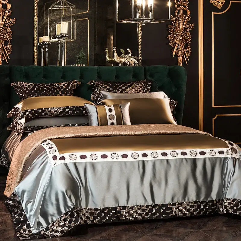 Luxurious emerald green velvet bed with gold and silver embroidered egyptian cotton bedding set featuring geometric designs