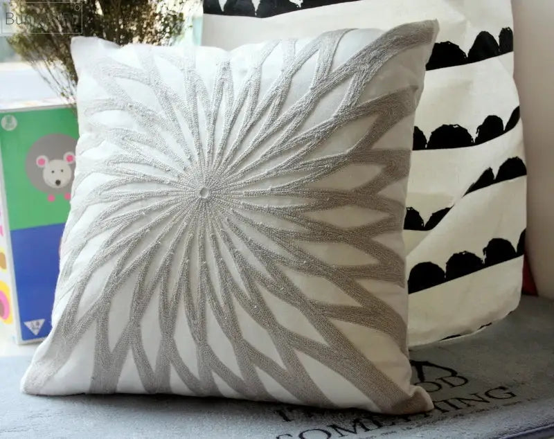 White cotton cushion cover with silver geometric embroidered sunburst pattern for living room decorbites geometric embroidered