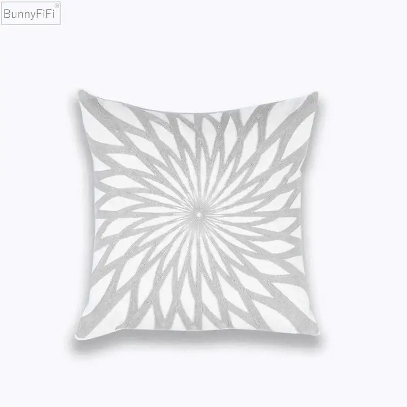 White cotton cushion cover with silver radiating floral pattern featuring decorbites geometric embroidered design for living room