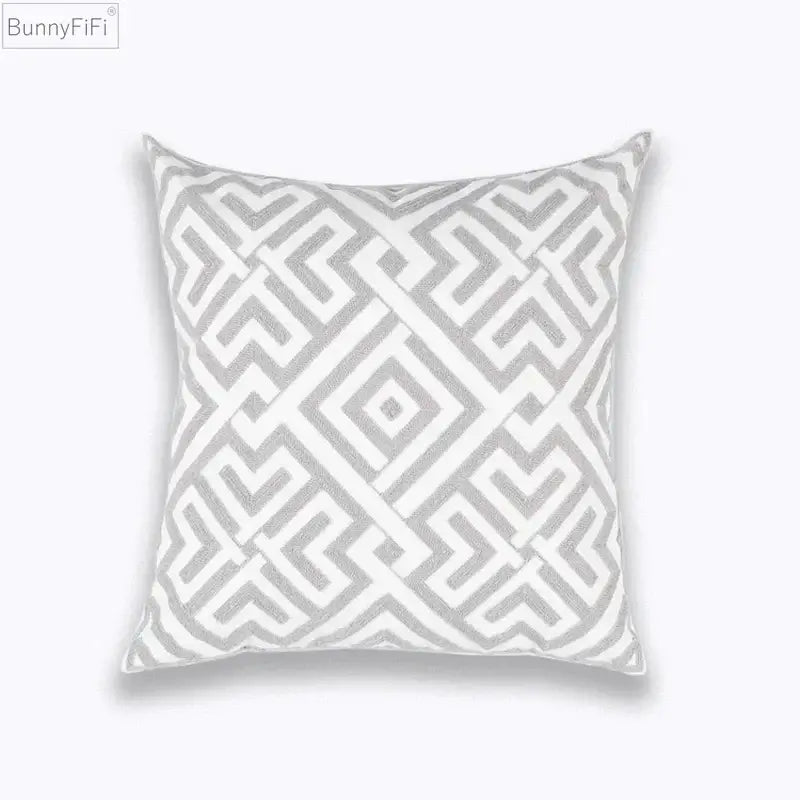 Gray and white geometric embroidered cotton cushion cover by bunnyfifi for living room decorbites geometric embroidered style