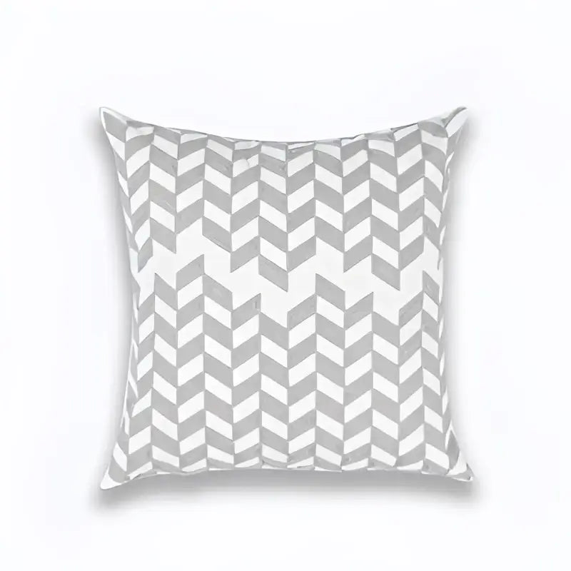 A square light grey cotton cushion cover with geometric embroidered chevron pattern for living room decorbites decor