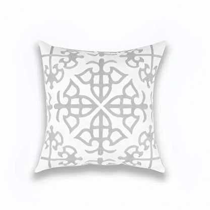 White throw pillow with a gray geometric embroidered pattern on light grey cotton cushion cover for living room decorbites