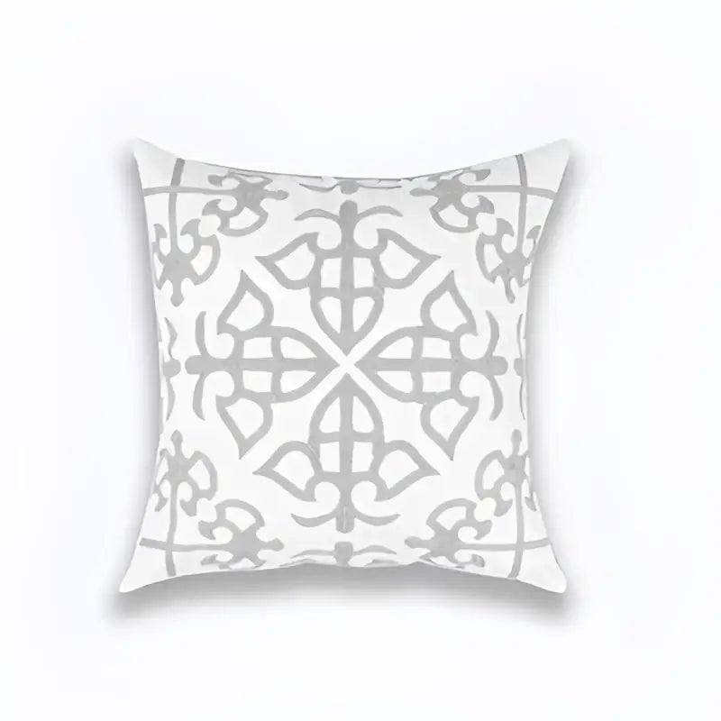 White throw pillow with a gray geometric embroidered pattern on light grey cotton cushion cover for living room decorbites