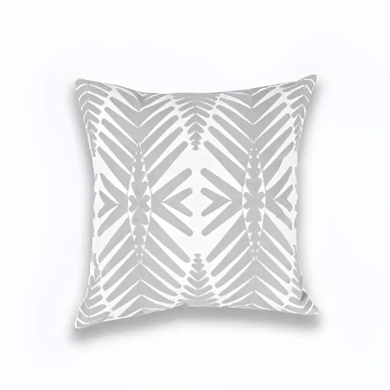 Off-white cotton cushion cover with geometric embroidered gray chevron and diamond pattern for living room decorbites