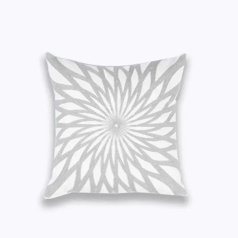 White cotton cushion cover featuring a radiant silver geometric embroidered pattern for living room decorbites decor