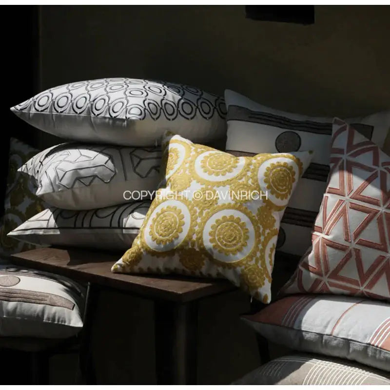 Square cushion cover with vibrant yellow and white geometric embroidered noble pattern for living room decorbites decor
