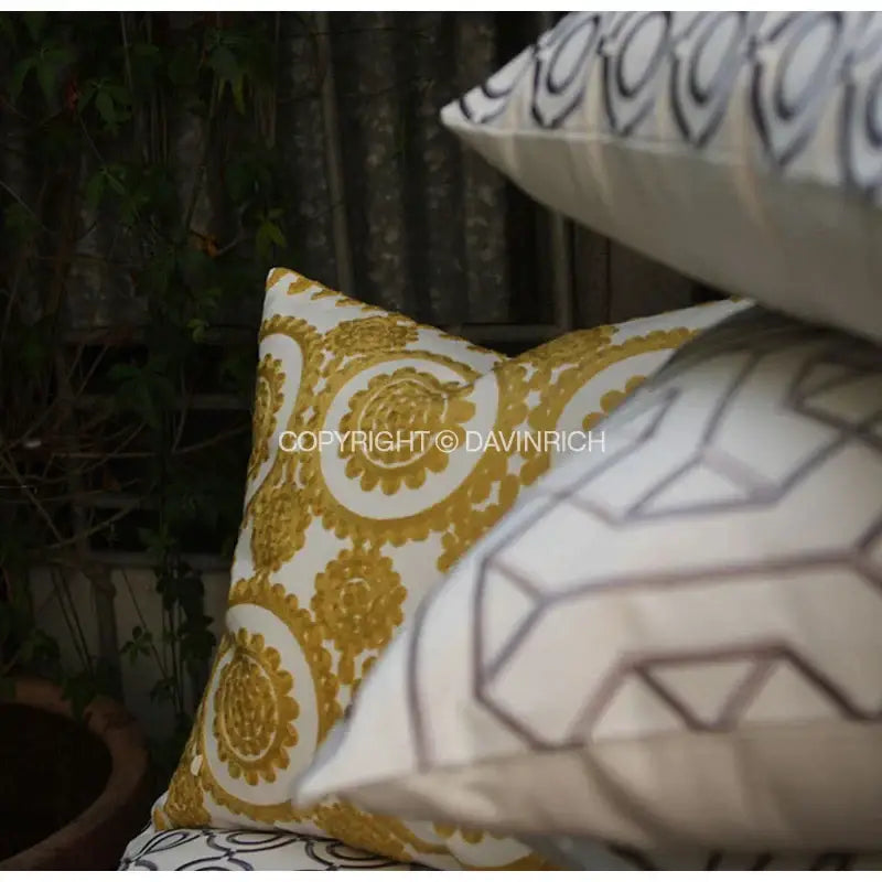 Gold and white geometric embroidered noble cushion cover with intricate circular designs for living room decorbites decorbites cushion covers