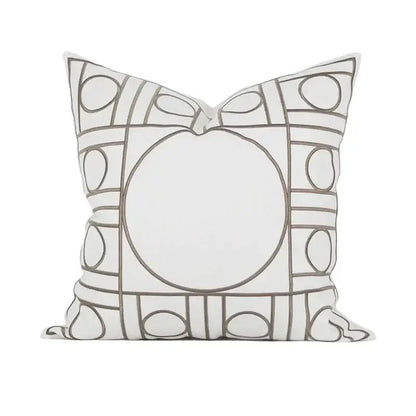 White throw pillow with gray outlined circles and rectangles geometric embroidered noble cushion cover decorbites