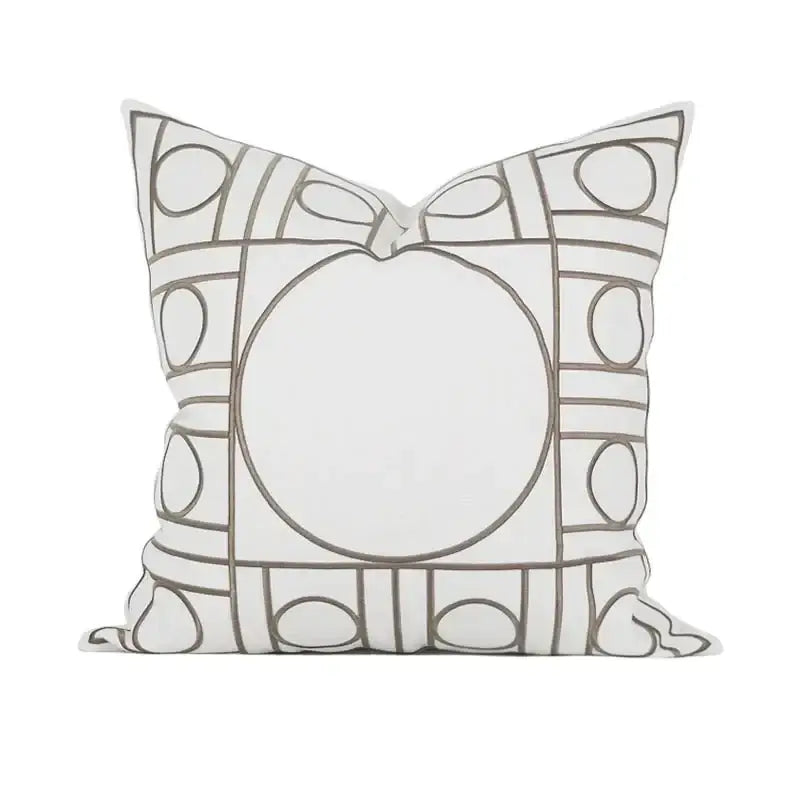 White throw pillow with gray outlined circles and rectangles geometric embroidered noble cushion cover decorbites