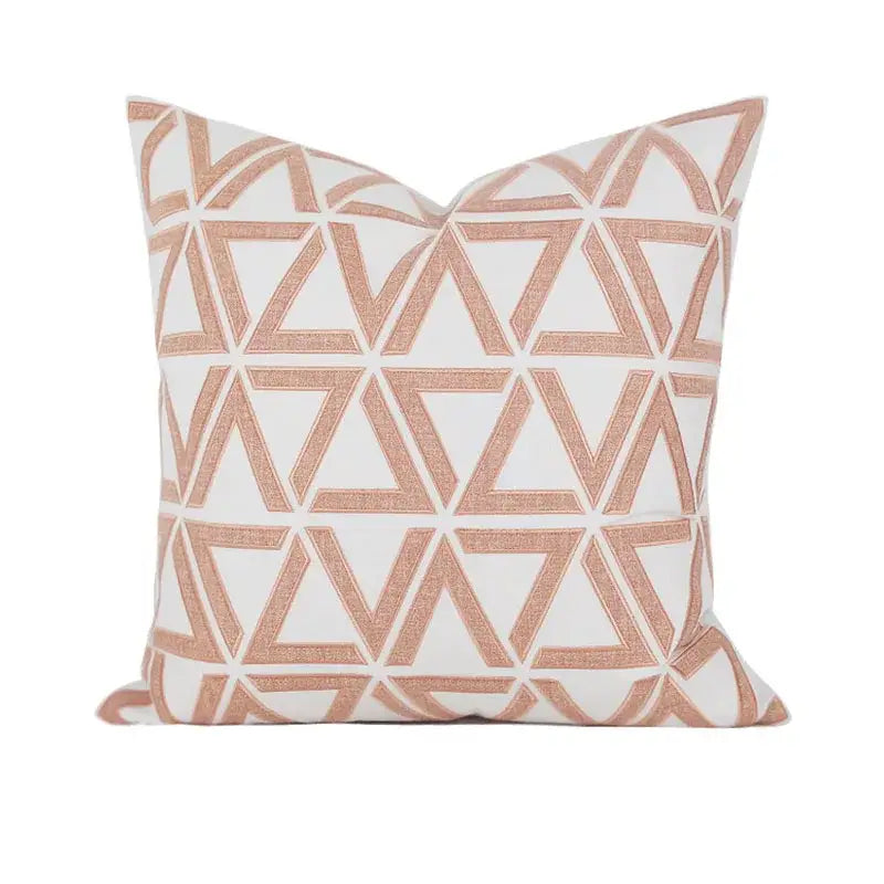 A white square cushion cover with rose gold geometric embroidered noble interlocking triangles for living room decorbites