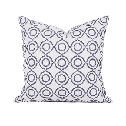 White throw pillow with a navy blue interconnected circle pattern geometric embroidered noble cushion cover for living room decorbites
