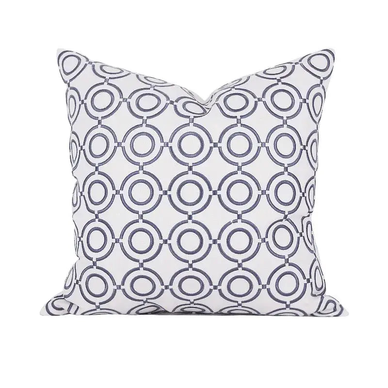 White throw pillow with a navy blue interconnected circle pattern geometric embroidered noble cushion cover for living room decorbites