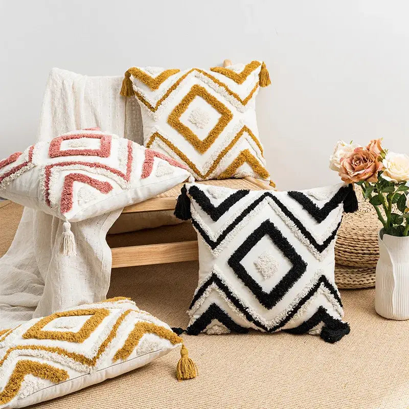 White cushion cover with black geometric embroidery boho pattern and tassels for living room decorbites style