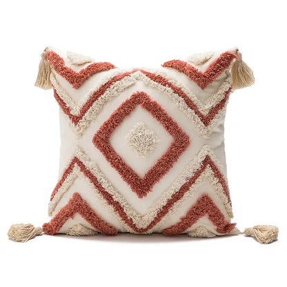 Cream and terracotta geometric embroidery boho cushion cover with tassels for living room decorbites throw pillow