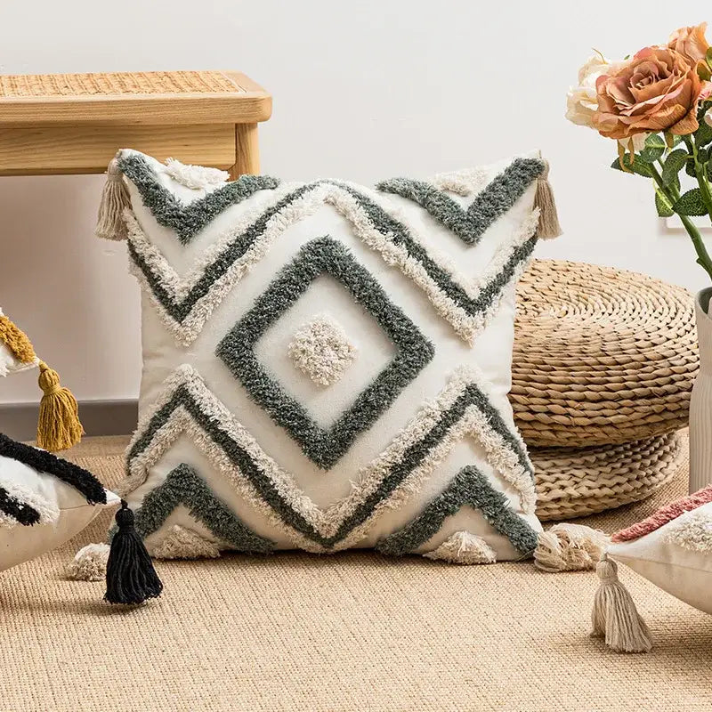 Square cushion cover with white base gray textured chevron and cream fringe geometric embroidery boho decorbites design