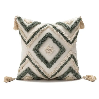 Cream and sage green cushion cover with decorbites geometric embroidery and tassels for boho living room decor