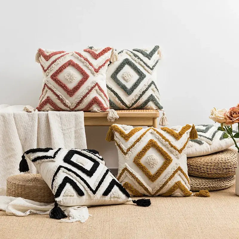 Geometric embroidery boho cushion cover with tasselled cream red gray black and mustard tones for living room decorbites throw pillow