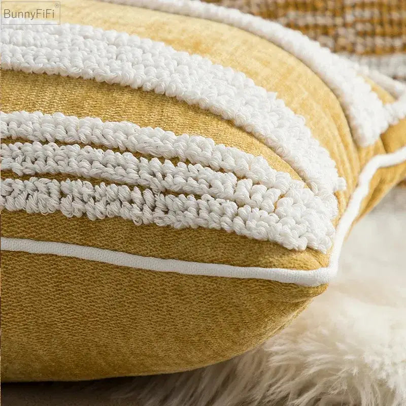 Yellow cushion cover with white crocheted stripes and textured fabric finish for decorbites geometric embroidery circle decor